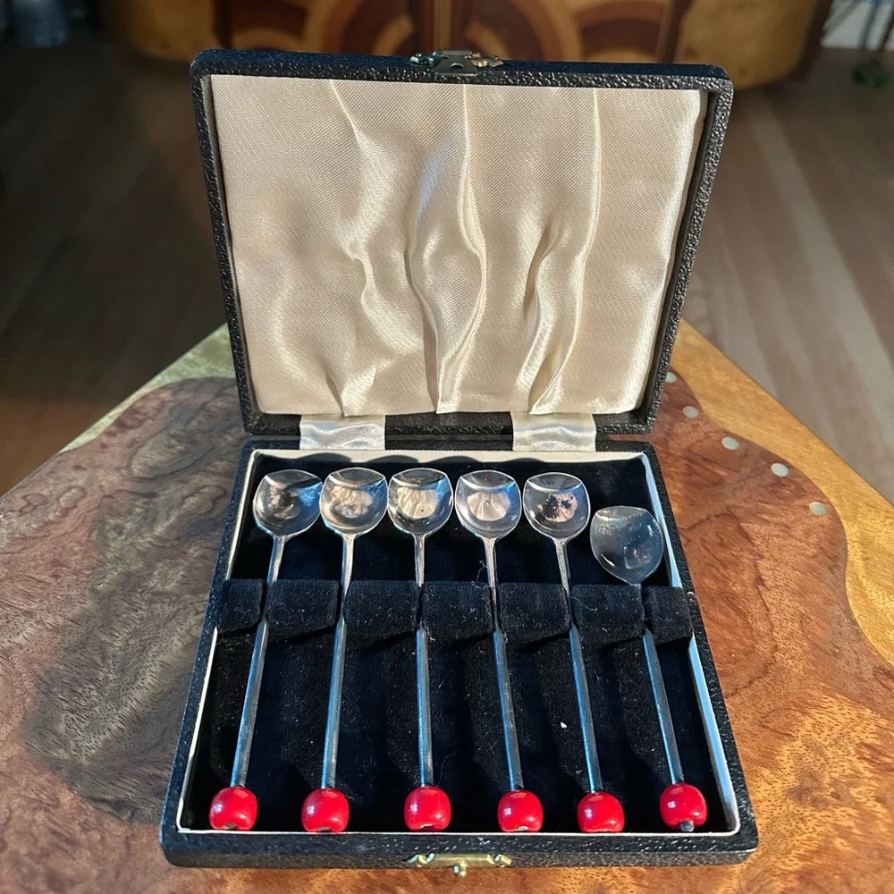 Barware 1930s Art Deco Bakelite Cherry Tipped English EPNS Muddlers ~ Boxed Set